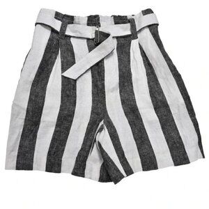 Calvin Klein Linen Blend Shorts High Waist Striped Belted Grey White Size 2